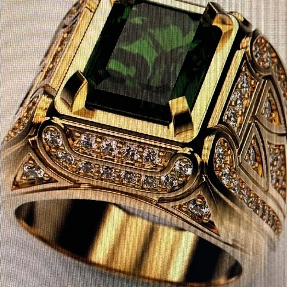 MENS GOLD PLATED GREEN STONE RING - Picture 13 of 13